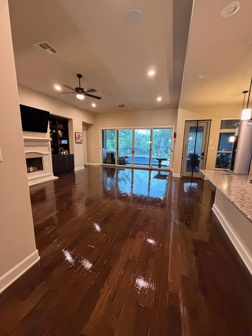 Dark hardwood living room finished to a high gloss